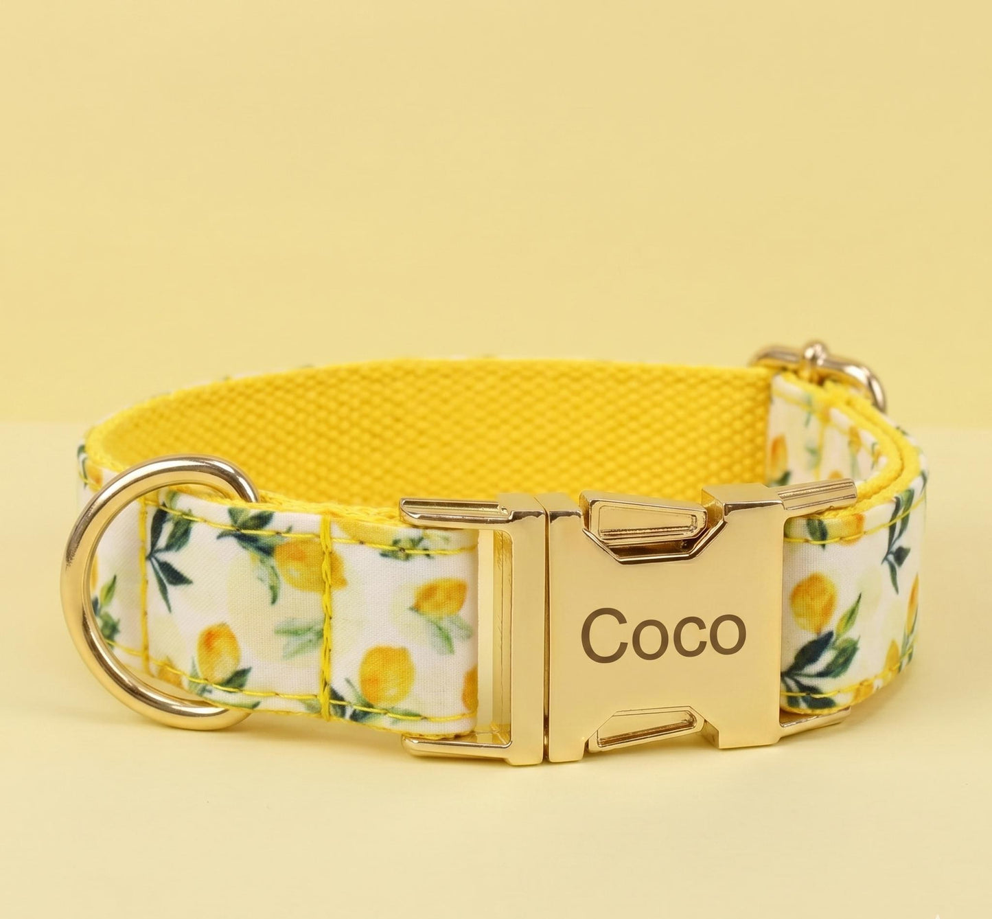 Lemon Print Dog Collar, Leash, and Poop Bag Holder Set | Personalized Pet Gear