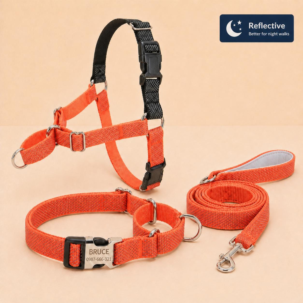 Orange No Pull Dog Harness, Hi Vis Martingale Collar & Optional Leash for Whippet Greyhound Saluki Borzoi, Engraved Sighthound Set