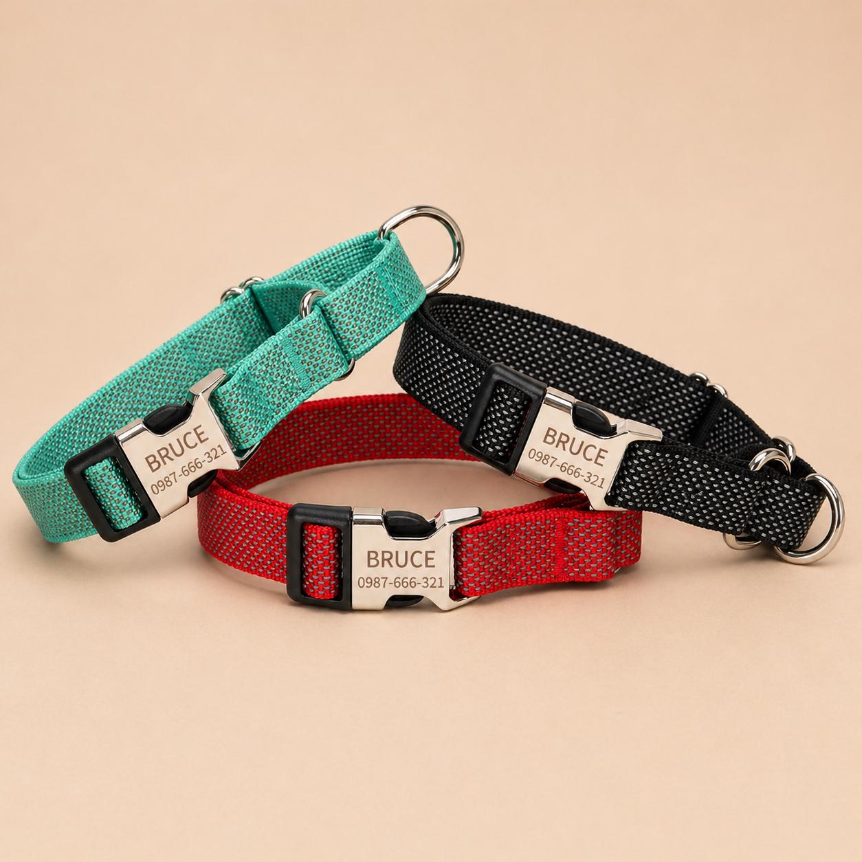 Personalized Martingale Dog Collar with Engraved Metal Buckle, Custom Nylon No-Slip Collar with Name & Phone Number, Pet ID Collar