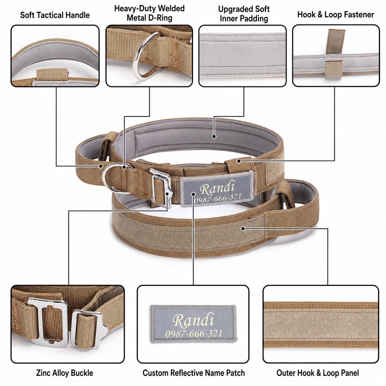 Tactical Dog Collar with Control Handle, Heavy Duty Lightweight Nylon Personalised Collar, 4 Colors, Reflective Adjustable K9 Dog Collar