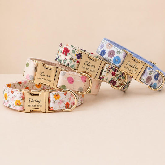 Floral Dog Collar Personalized, Girl Dog Collar with Engraved Name, Cute Flower Puppy Collar with Optional Bow Tie & Leash Set, Gift