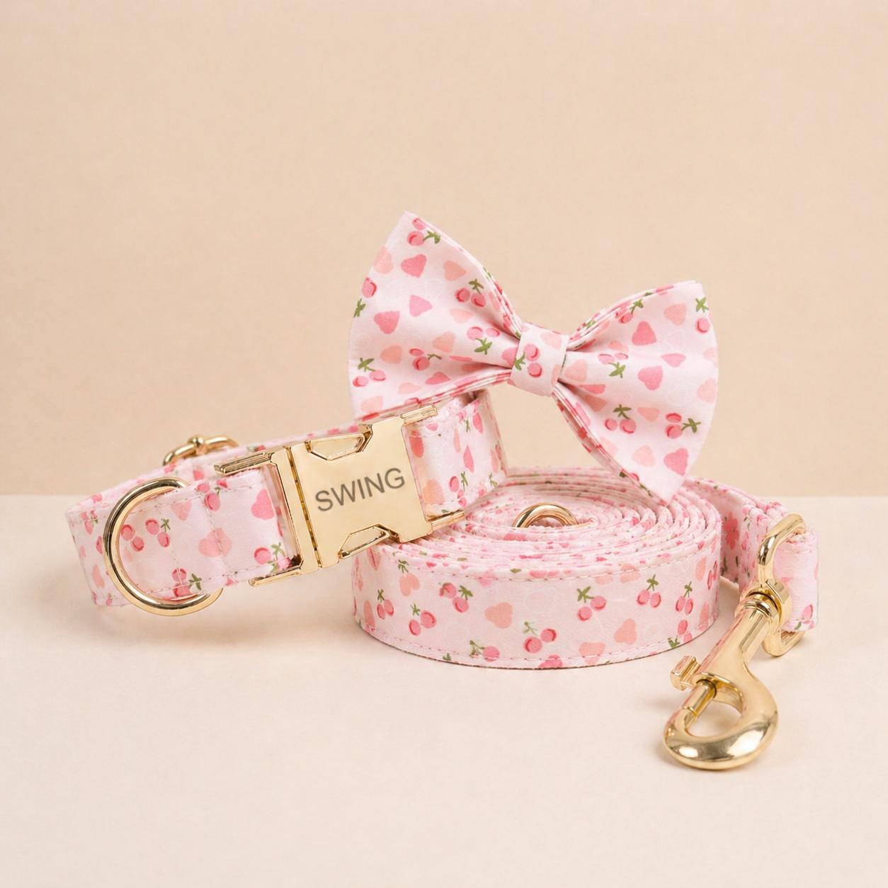 Floral Dog Collar Personalized, Girl Dog Collar with Engraved Name, Cute Flower Puppy Collar with Optional Bow Tie & Leash Set, Gift