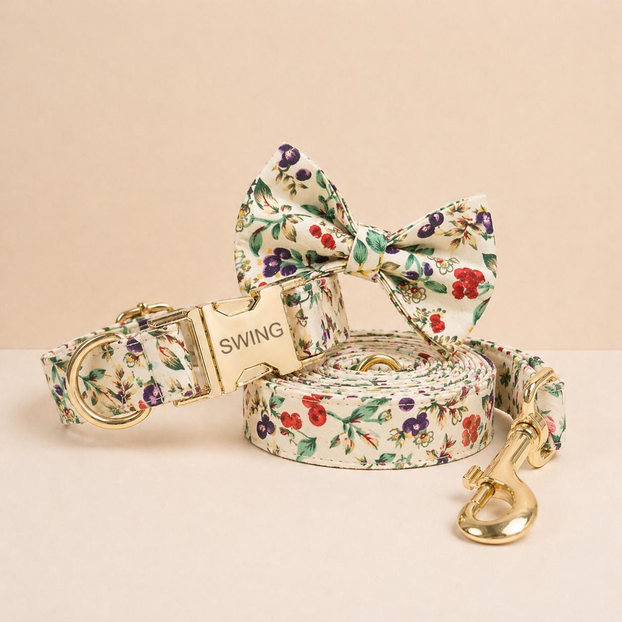 Floral Dog Collar Personalized, Girl Dog Collar with Engraved Name, Cute Flower Puppy Collar with Optional Bow Tie & Leash Set, Gift