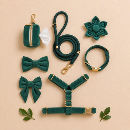 Personalized Forest Green Velvet Dog Harness Set | Christmas Dog Collar Leash Bow Flower Poop Bag | Custom Name | Mix & Match 7-Piece Set