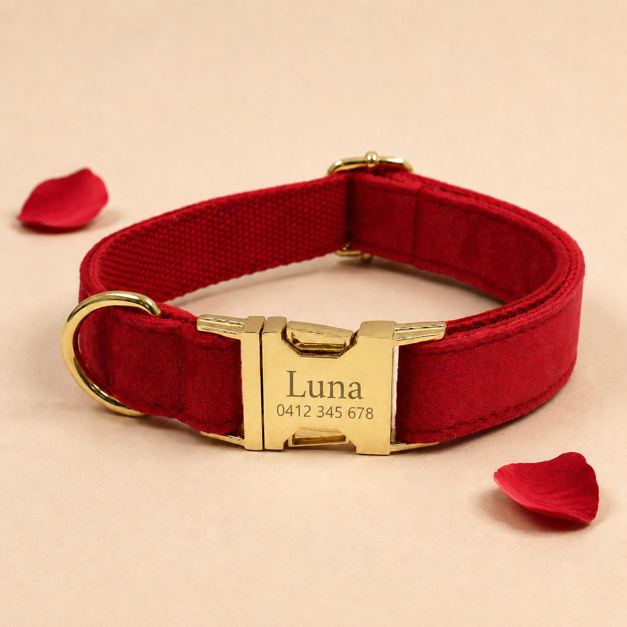 Personalized Red Velvet Dog Harness Set | Dog Collar Leash Bow Flower Poop Bag | Custom Name | Mix & Match 7-Piece Set