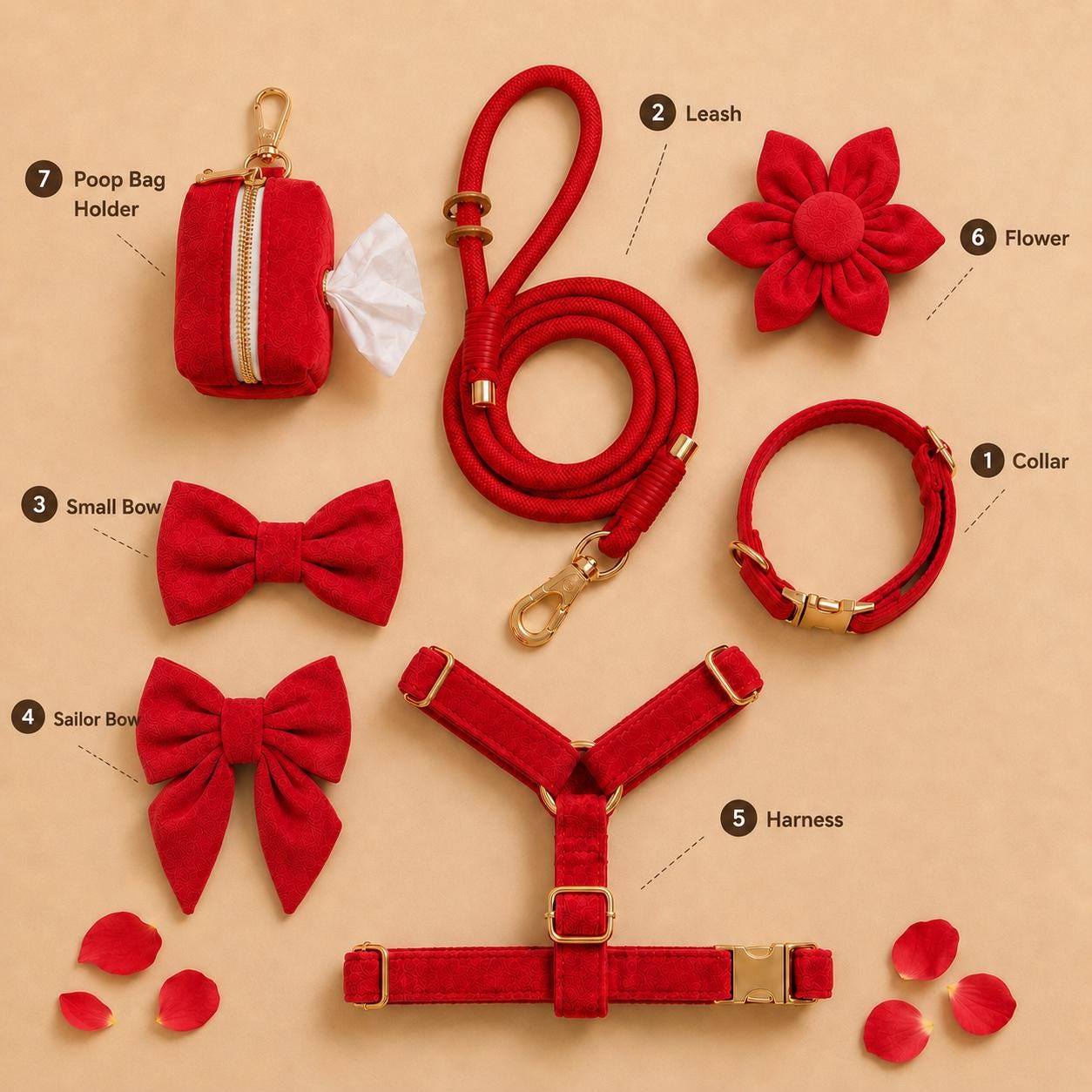 Personalized Red Velvet Dog Harness Set | Dog Collar Leash Bow Flower Poop Bag | Custom Name | Mix & Match 7-Piece Set