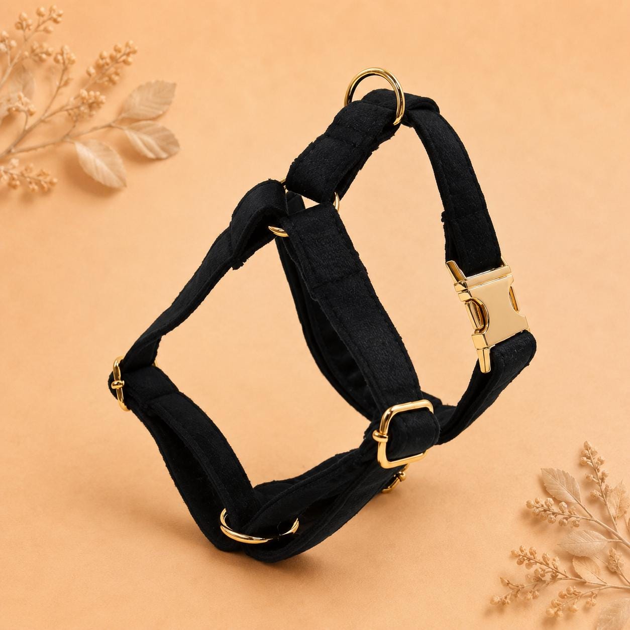 Custom Black Velvet Dog Harness Set | Personalized Name Collar Rope Leash Bow Poop Bag | Mix & Match 7-Piece Set