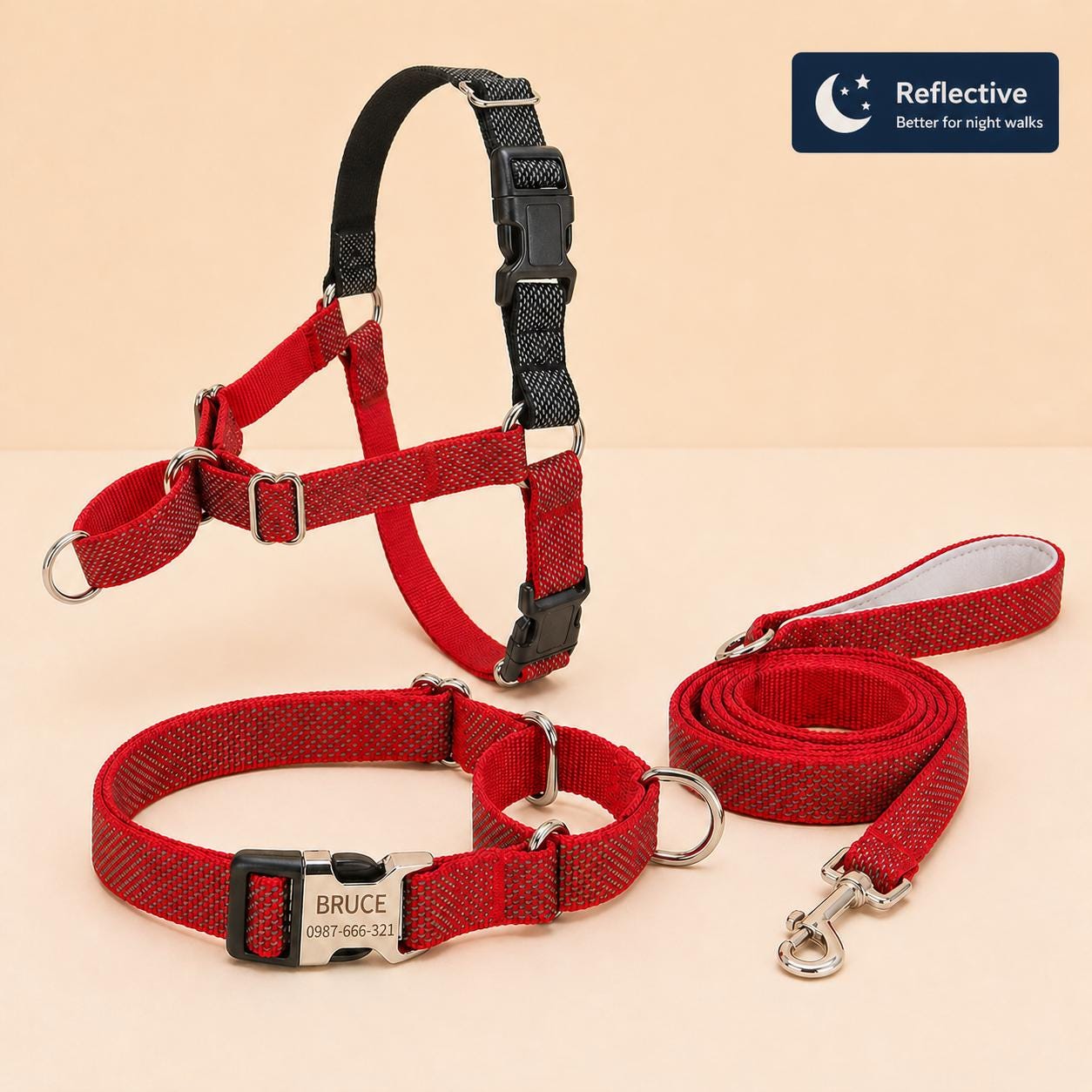 Reflective No Pull Red Dog Harness, Optional Personalized Martingale Collar & Matching Leash, Custom Engraved for Sighthounds