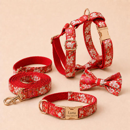 Red Floral Dog Harness, Custom Name Collar Optional Matching Leash Bow | Mix & Match 7-Piece Set XS S M L XL