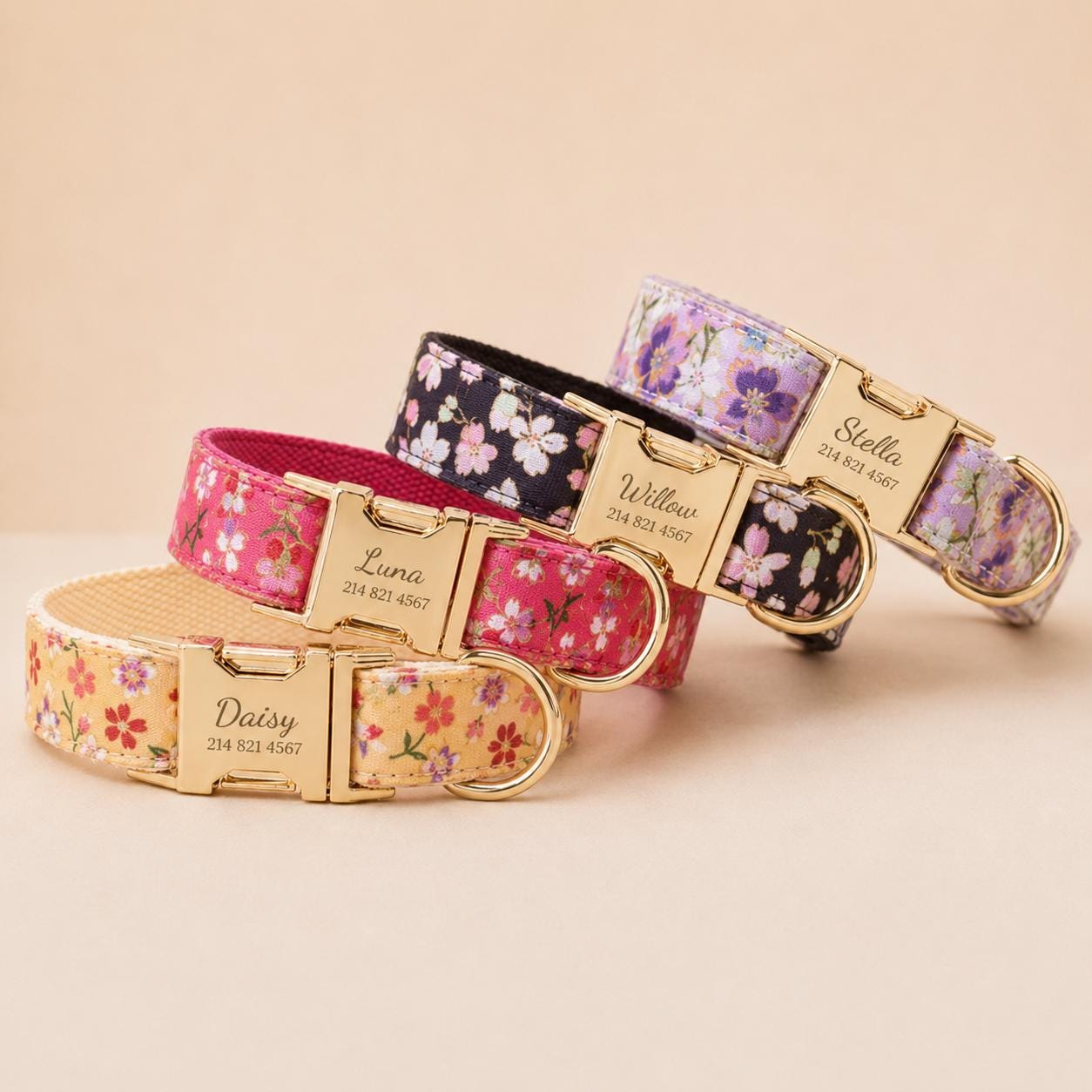 Japanese Floral Dog Collar, Personalized Engraved Name Pet Collar, Cherry Blossom Collar with Leash & Bow Tie, Asian Floral Puppy Collar