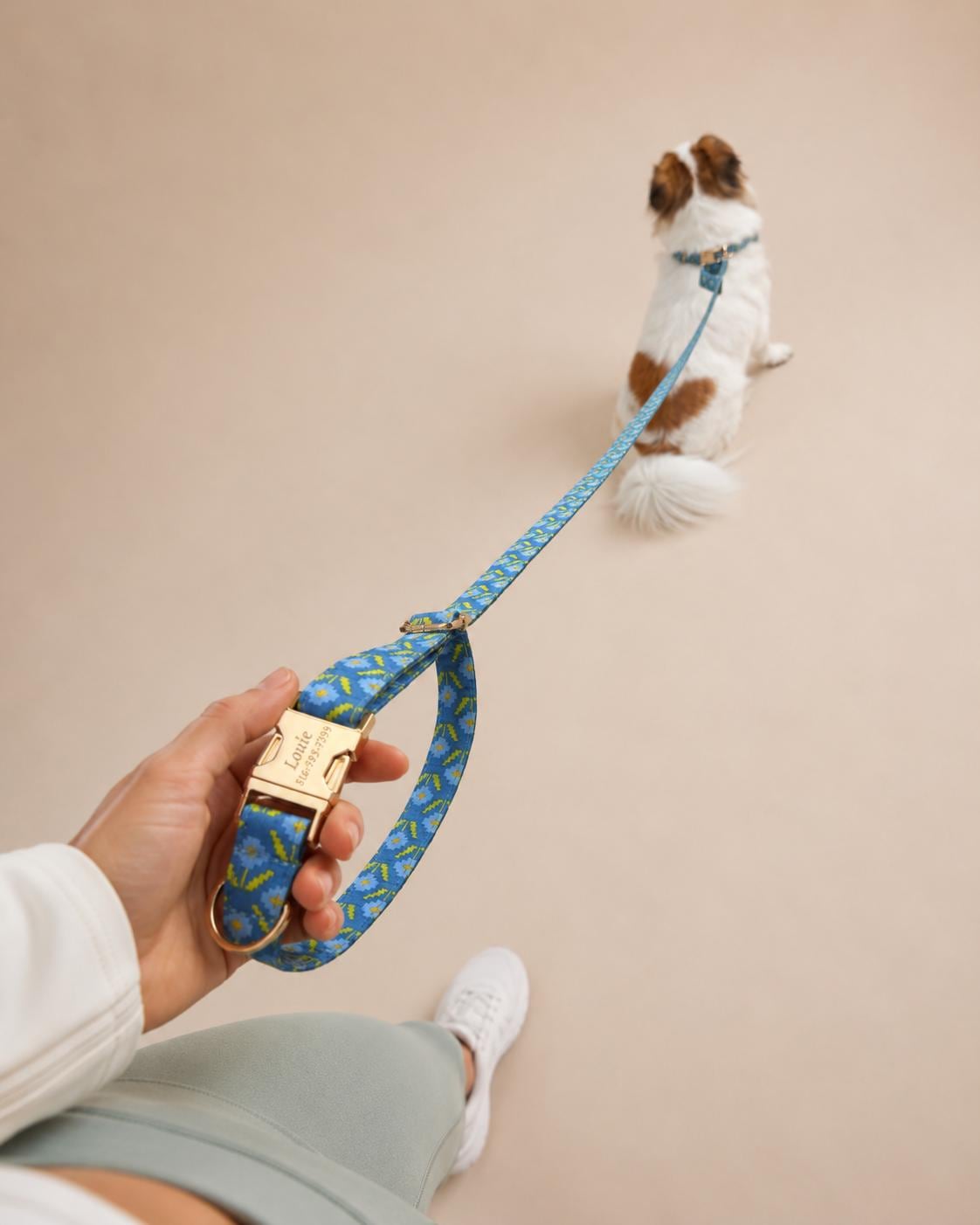 Hands Free Dog Leash and Matching Collar Set | Blue Geometric Pattern | Adjustable Waist Leash | Running Walking Leash | Gift for Dog Mom 1