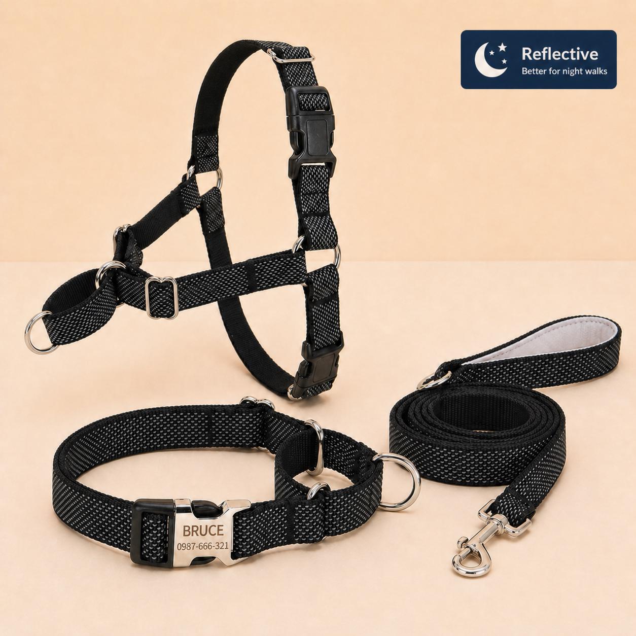 Black No Pull Sighthound Harness, Optional Engraved Martingale Collar & Optional Leash for Whippet Greyhound, Reflective Dog Set