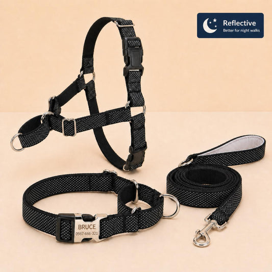 Black No Pull Sighthound Harness, Optional Engraved Martingale Collar & Optional Leash for Whippet Greyhound, Reflective Dog Set