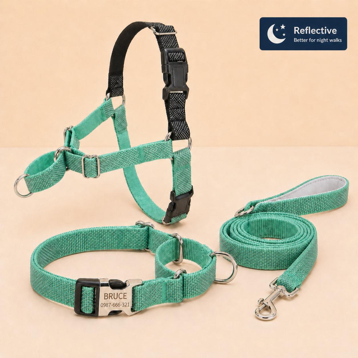 Mint Green Whippet Harness Set, Pastel Sighthound No Pull Harness, Optional Personalised Martingale Collar & Optional Matching Leash
