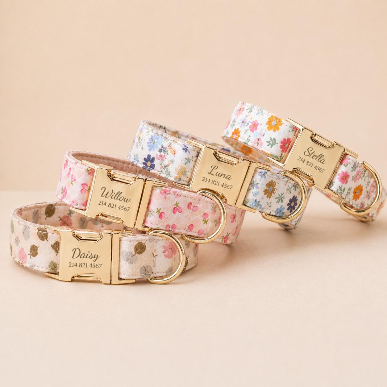 Floral Dog Collar Personalized, Girl Dog Collar with Engraved Name, Cute Flower Puppy Collar with Optional Bow Tie & Leash Set, Gift