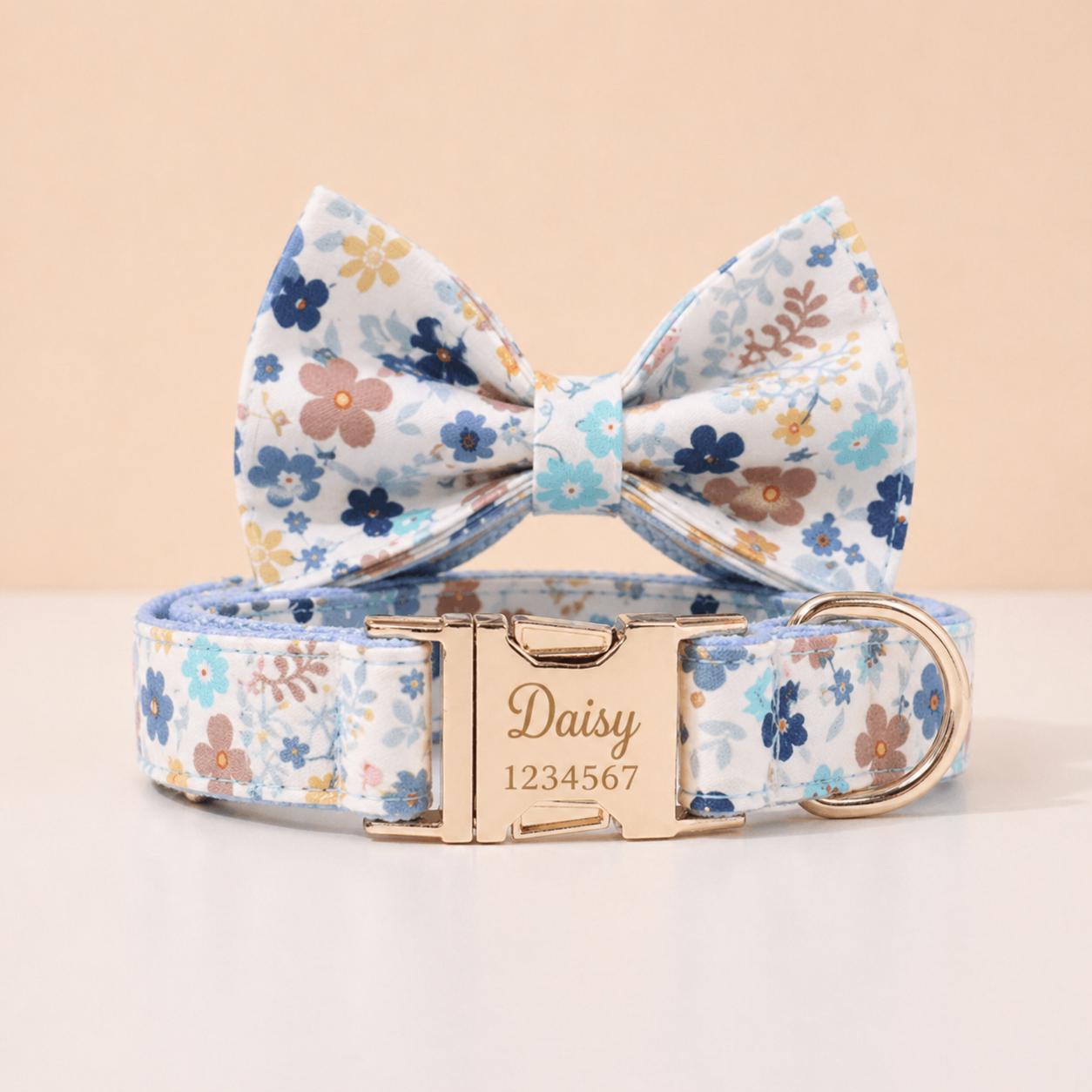 Spring Floral Dog Collar, Optional Matching Bow Tie, Leash, Personalized Engraved Pet Collar Set, Custom Garden Puppy Collar Gift
