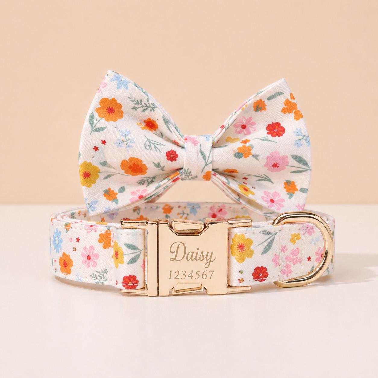 Floral Dog Collar Personalized, Girl Dog Collar with Engraved Name, Cute Flower Puppy Collar with Optional Bow Tie & Leash Set, Gift