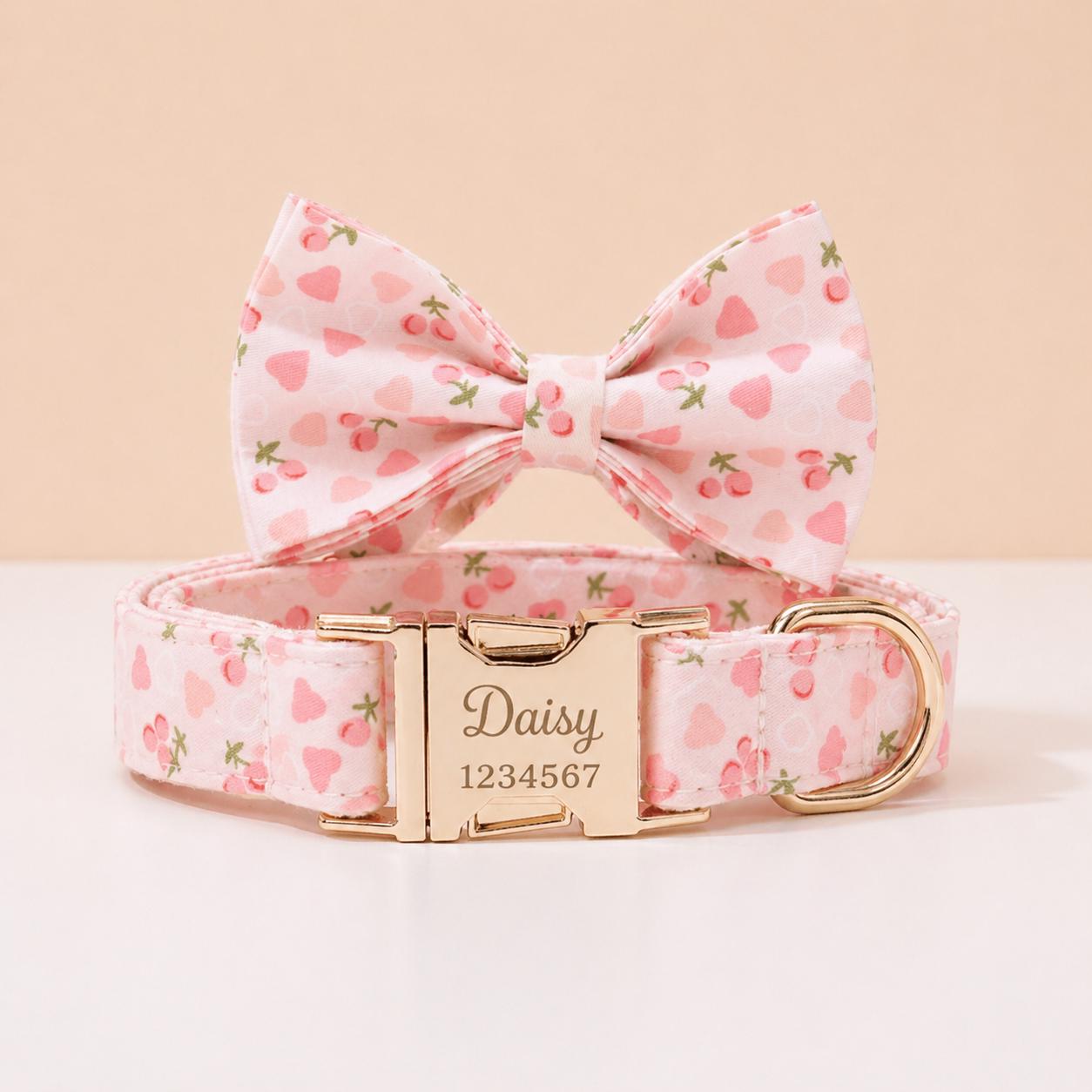 Floral Dog Collar Personalized, Girl Dog Collar with Engraved Name, Cute Flower Puppy Collar with Optional Bow Tie & Leash Set, Gift