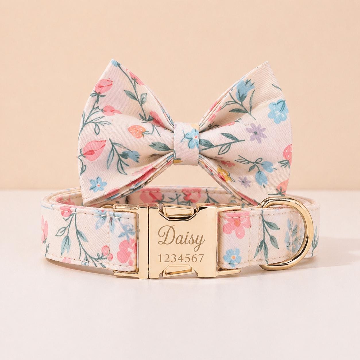 Floral Dog Collar with Bow Tie, Personalized Engraved Buckle, Spring Wildflower Puppy Collar, Custom Pet Collar Set with Name and Phone Gift