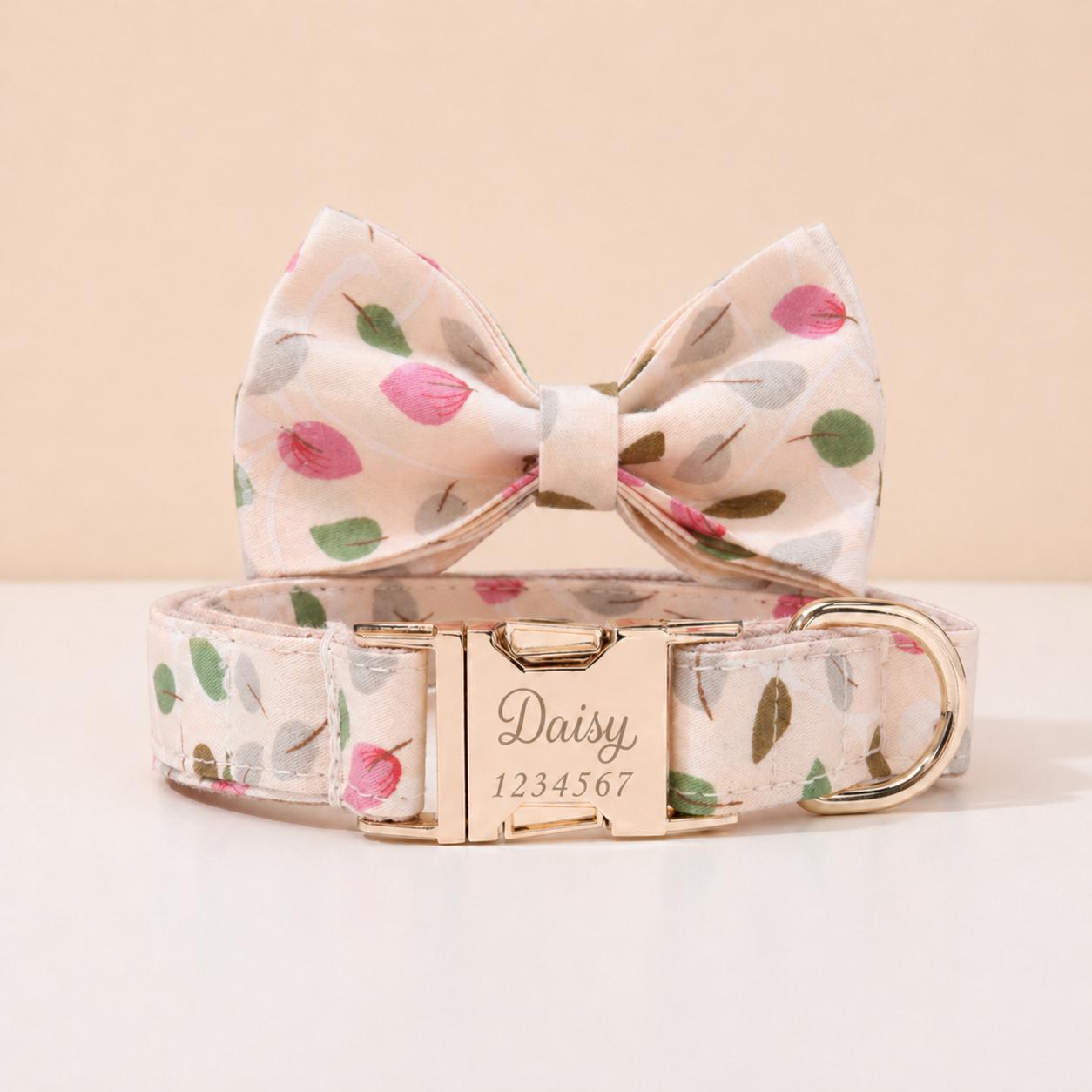 Floral Dog Collar Personalized, Girl Dog Collar with Engraved Name, Cute Flower Puppy Collar with Optional Bow Tie & Leash Set, Gift