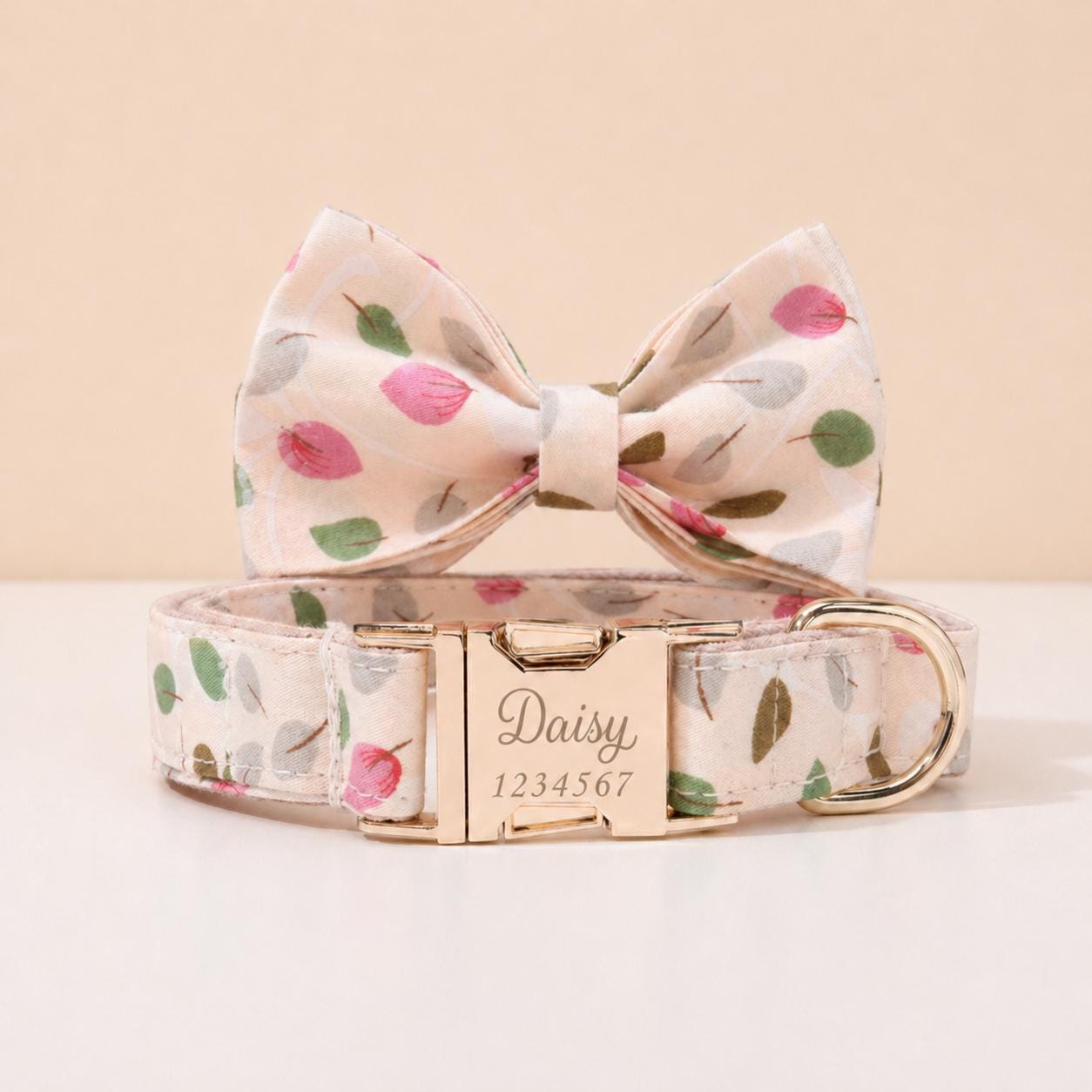 Floral Dog Collar with Bow Tie, Personalized Engraved Buckle, Spring Wildflower Puppy Collar, Custom Pet Collar Set with Name and Phone Gift