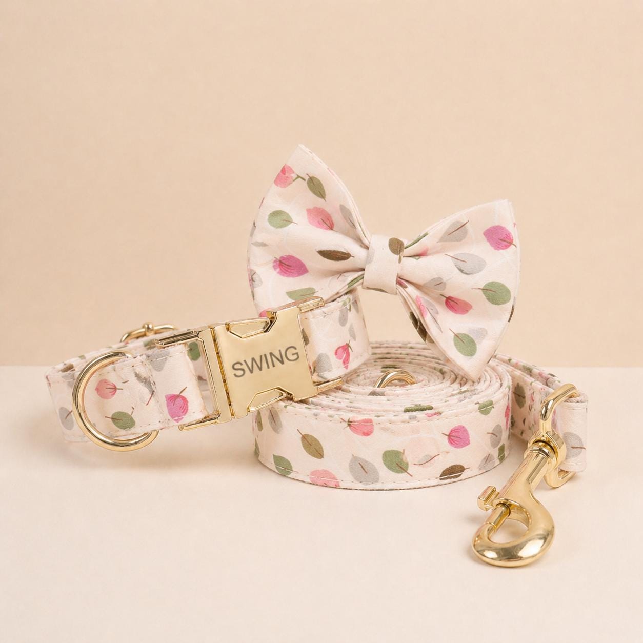 Floral Dog Collar with Bow Tie, Personalized Engraved Buckle, Spring Wildflower Puppy Collar, Custom Pet Collar Set with Name and Phone Gift