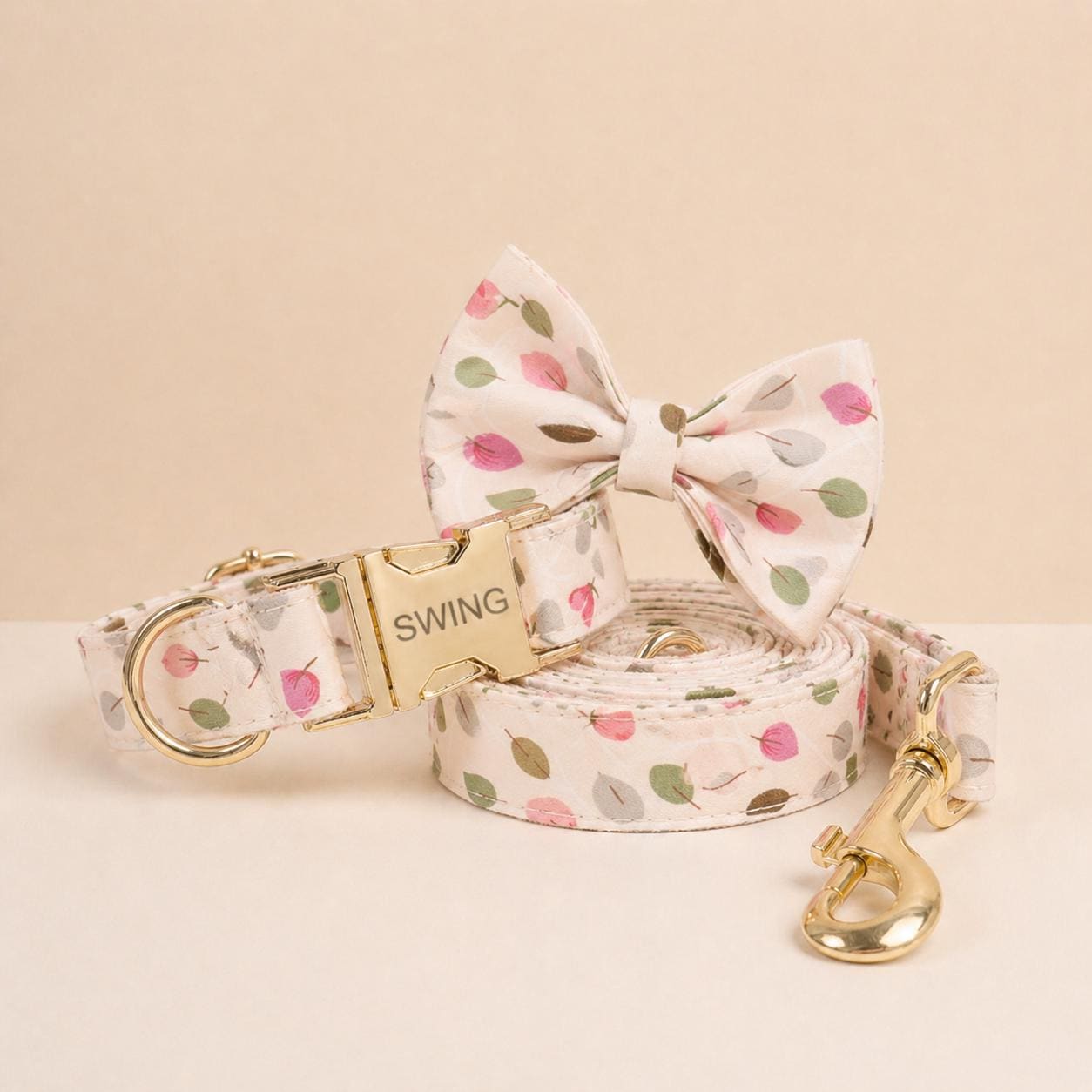 Floral Dog Collar Personalized, Girl Dog Collar with Engraved Name, Cute Flower Puppy Collar with Optional Bow Tie & Leash Set, Gift