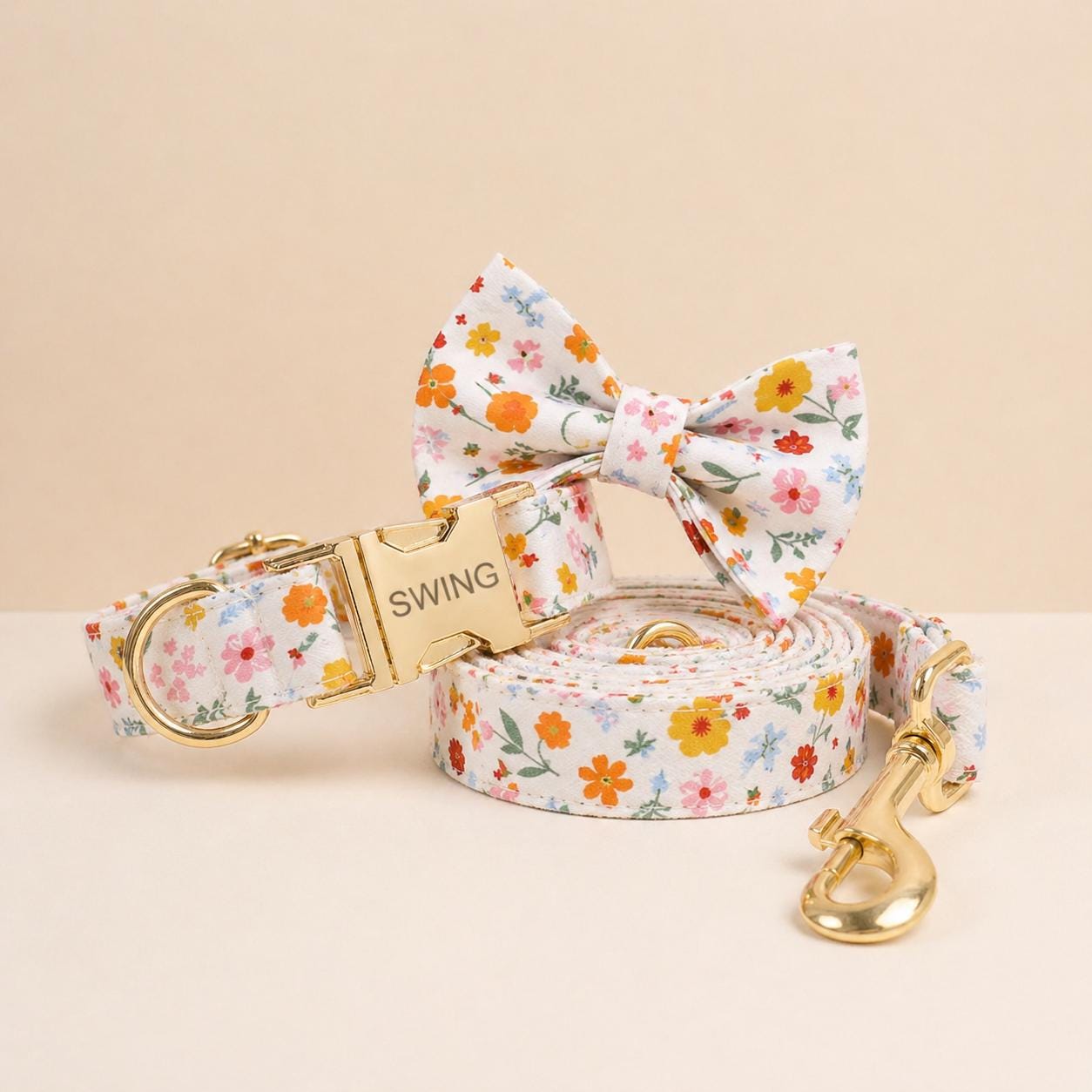 Floral Dog Collar Personalized, Girl Dog Collar with Engraved Name, Cute Flower Puppy Collar with Optional Bow Tie & Leash Set, Gift