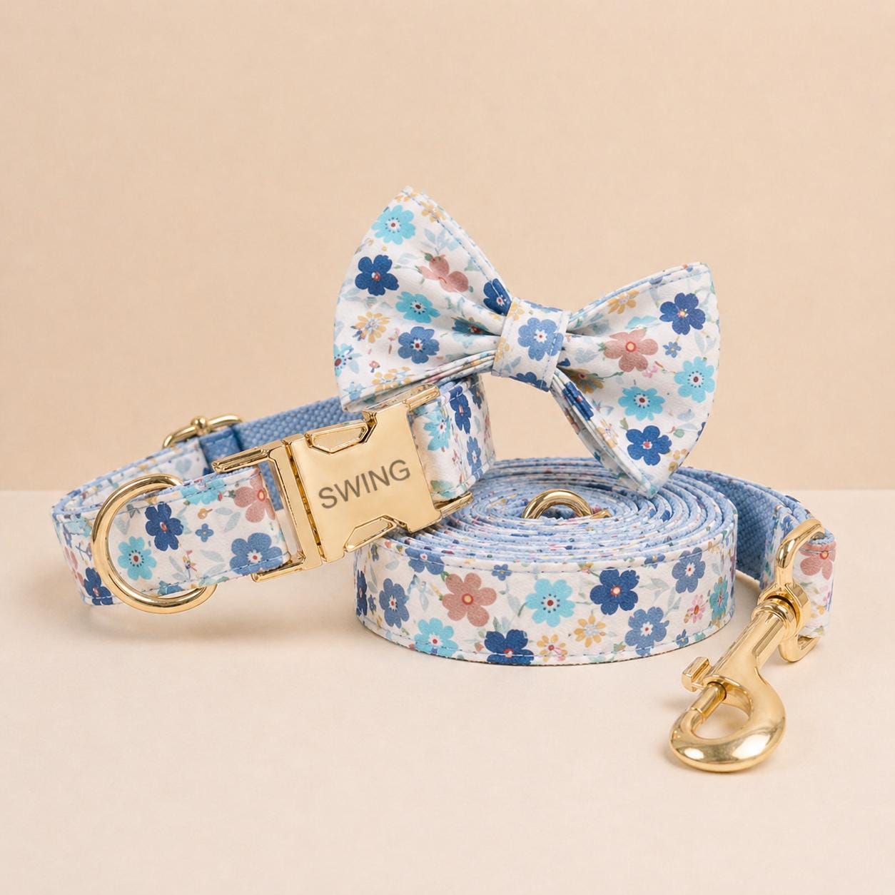 Floral Dog Collar with Bow Tie, Personalized Engraved Buckle, Spring Wildflower Puppy Collar, Custom Pet Collar Set with Name and Phone Gift