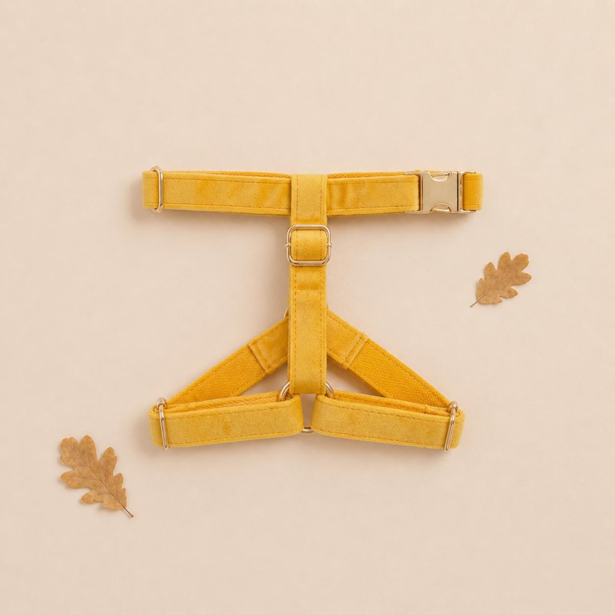 Personalized Ginger Yellow Velvet Dog Harness Optional Set | Roman Style Harness, Rope Leash, Custom Pet Name & Phone | Autumn Walking Set