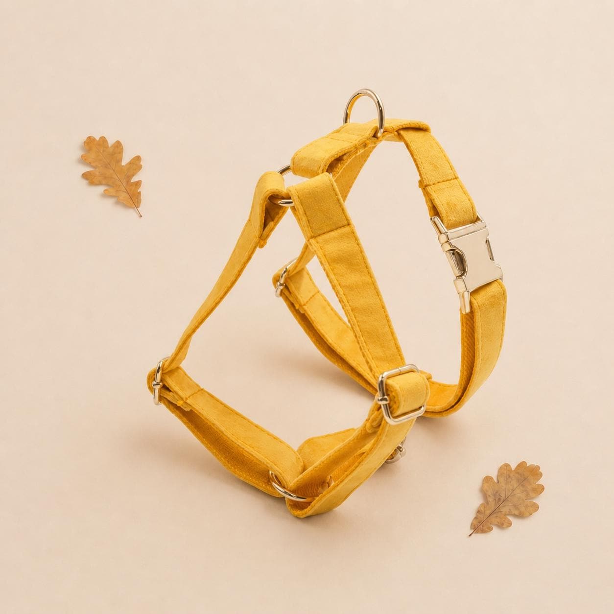 Personalized Ginger Yellow Velvet Dog Harness Optional Set | Roman Style Harness, Rope Leash, Custom Pet Name & Phone | Autumn Walking Set