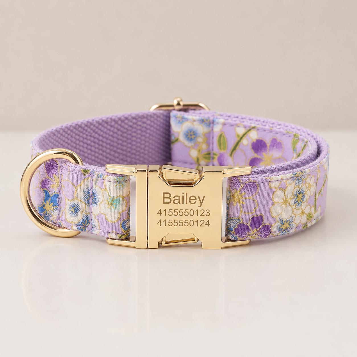 Japanese Floral Dog Collar, Personalized Engraved Name Pet Collar, Cherry Blossom Collar with Leash & Bow Tie, Asian Floral Puppy Collar
