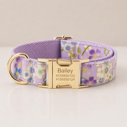 Japanese Floral Dog Collar, Personalized Engraved Name Pet Collar, Cherry Blossom Collar with Leash & Bow Tie, Asian Floral Puppy Collar