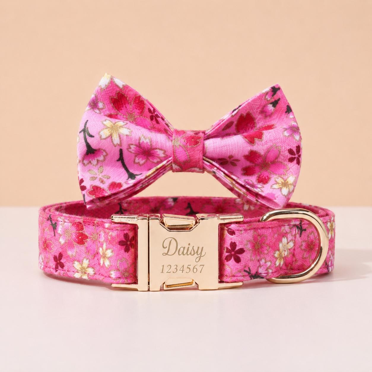 Personalized Dog Collar Engraved, Japanese Cherry Blossom Pet Collar with Leash & Bow Tie Set, Custom Floral Puppy Collar Gift