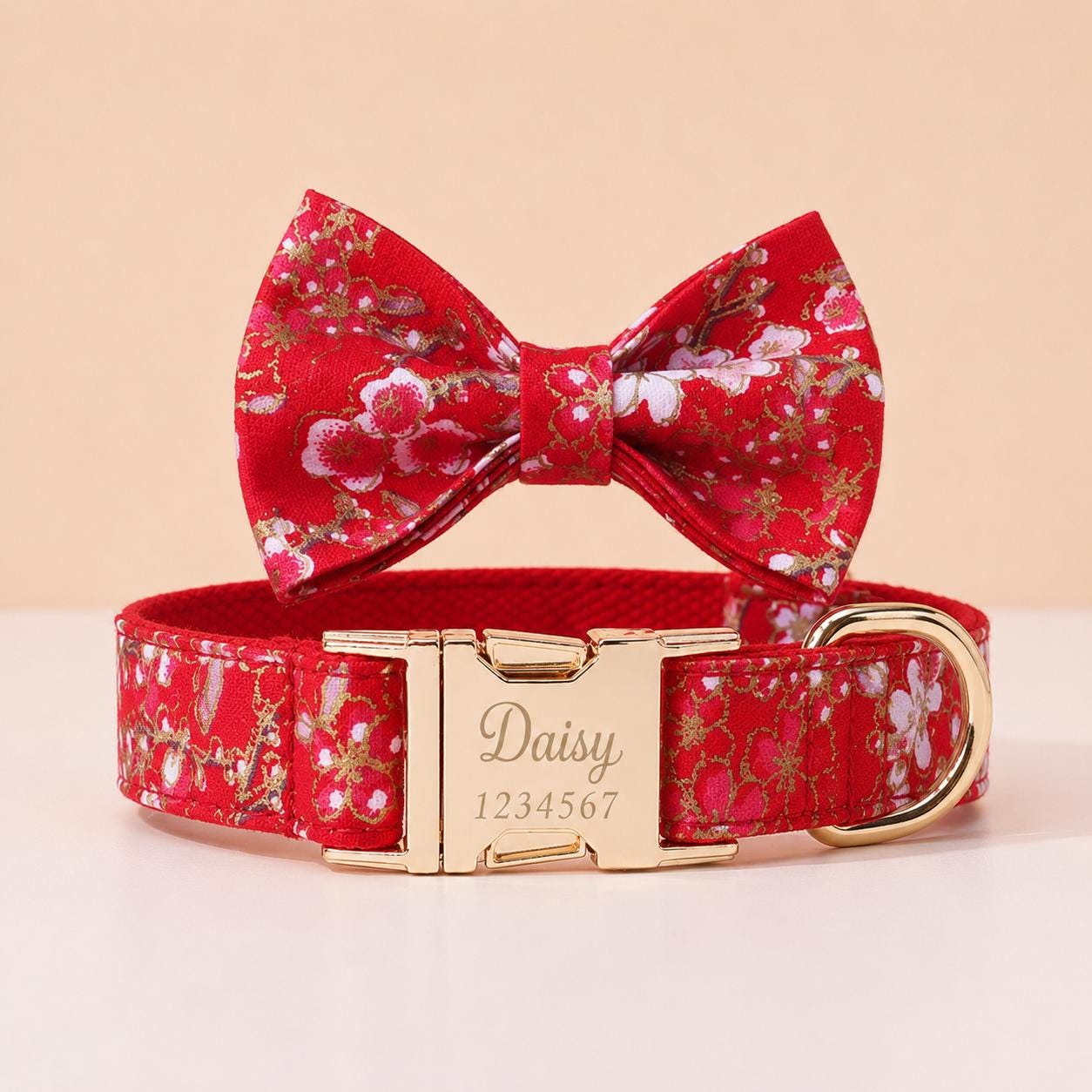 Personalized Dog Collar Engraved, Japanese Cherry Blossom Pet Collar with Leash & Bow Tie Set, Custom Floral Puppy Collar Gift