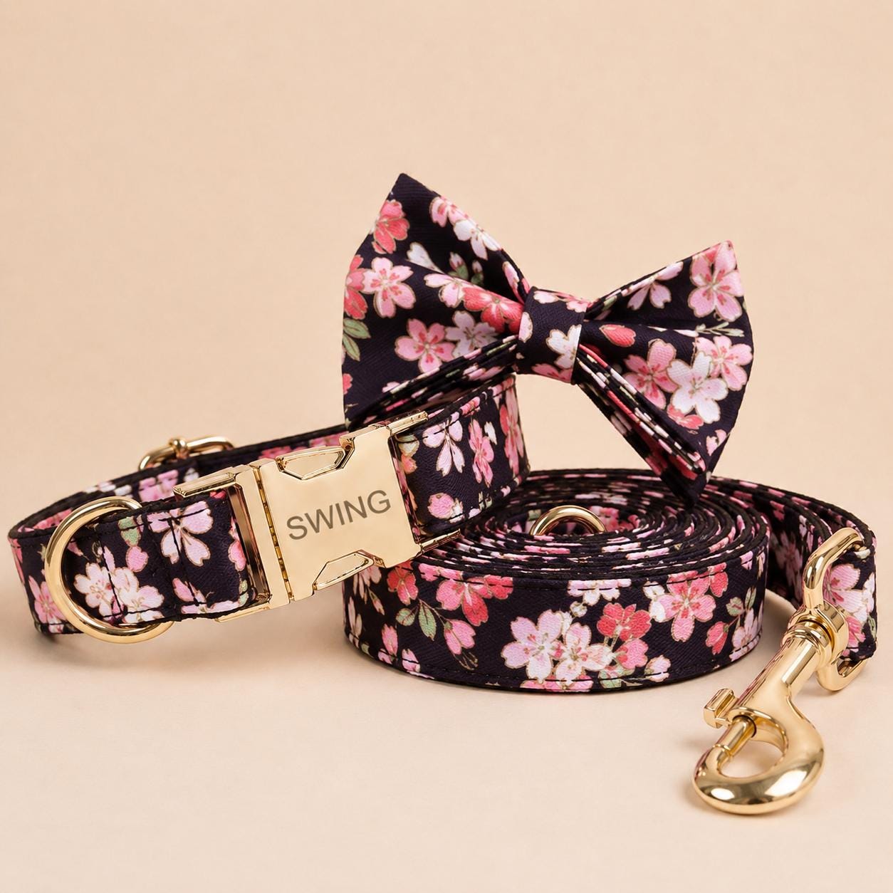 Personalized Dog Collar Engraved, Japanese Cherry Blossom Pet Collar with Leash & Bow Tie Set, Custom Floral Puppy Collar Gift