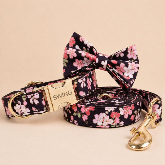 Personalized Dog Collar Engraved, Japanese Cherry Blossom Pet Collar with Leash & Bow Tie Set, Custom Floral Puppy Collar Gift