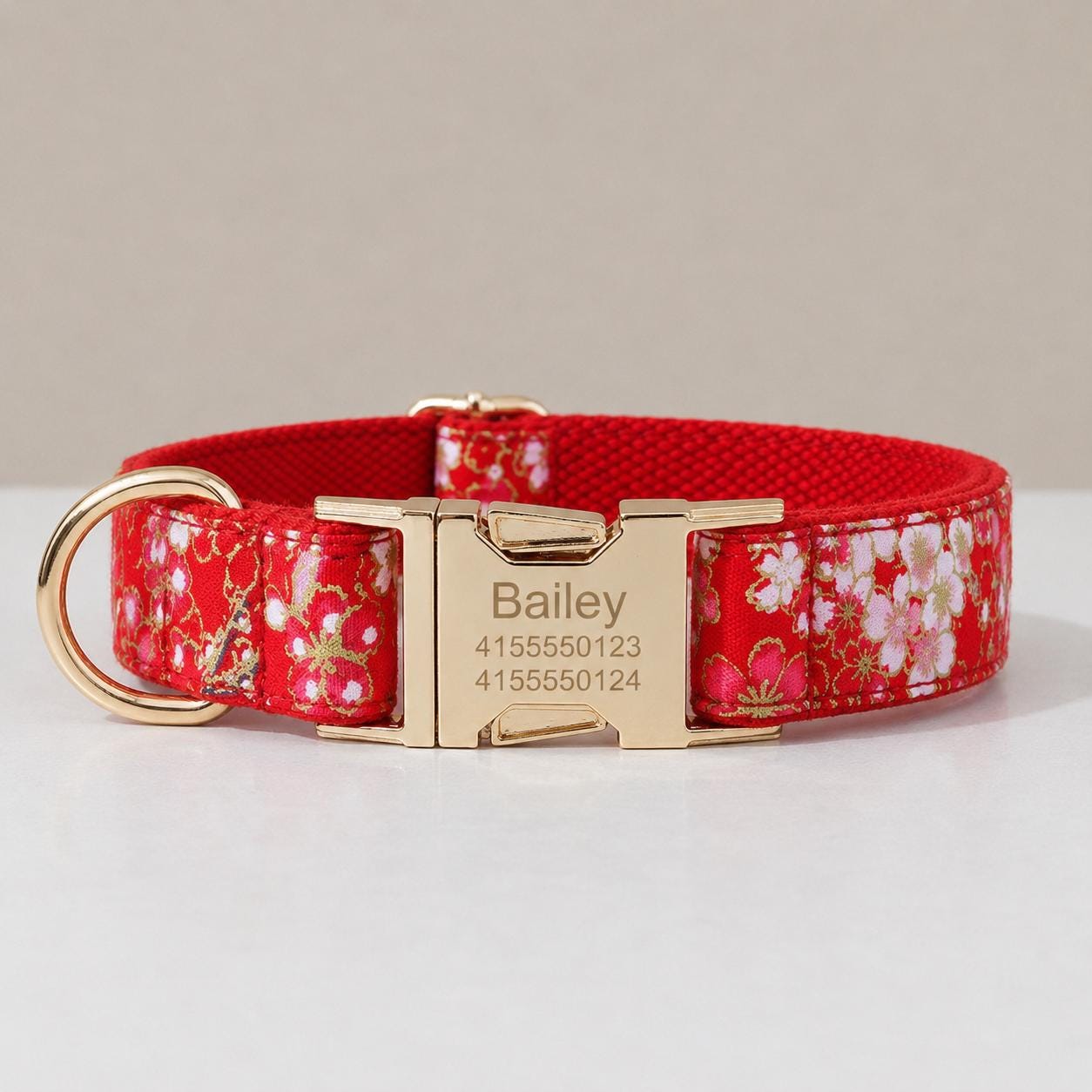 Personalized Dog Collar Engraved, Japanese Cherry Blossom Pet Collar with Leash & Bow Tie Set, Custom Floral Puppy Collar Gift