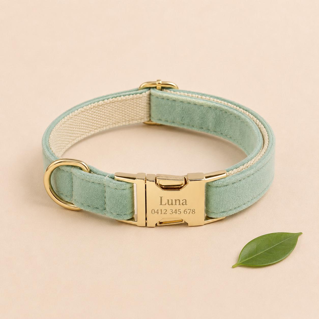 Personalized Sage Green Velvet Dog Harness Set | Custom Name Collar Leash Bow Flower Poop Bag | Mix & Match 7-Piece Set