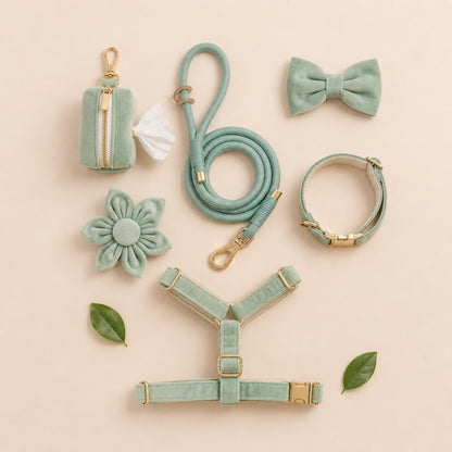 Personalized Sage Green Velvet Dog Harness Set | Custom Name Collar Leash Bow Flower Poop Bag | Mix & Match 7-Piece Set