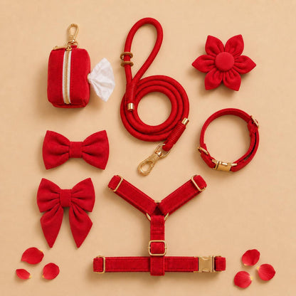 Personalized Red Velvet Dog Harness Set | Dog Collar Leash Bow Flower Poop Bag | Custom Name | Mix & Match 7-Piece Set