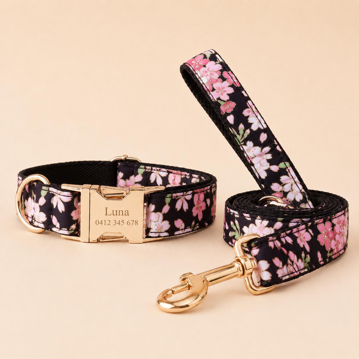 Black Floral Dog Harness, Custom Name Collar Optional Matching Leash Bow | Mix & Match 7-Piece Set XS S M L XL