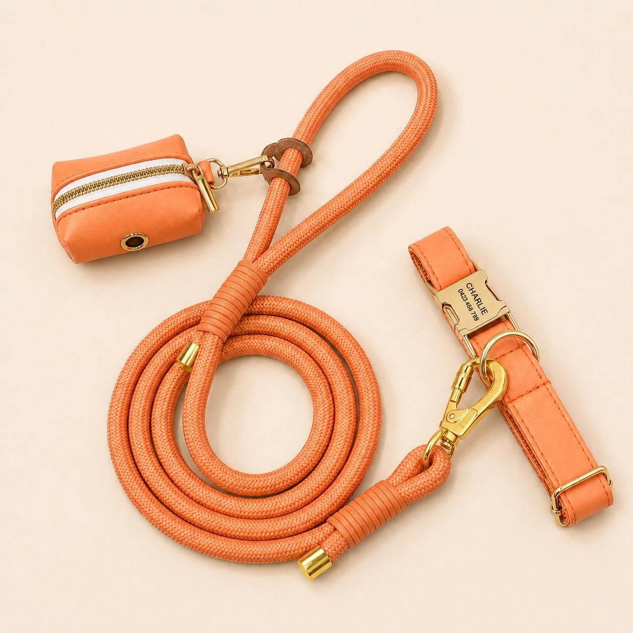 Personalized PU Leather Optional Dog Collar, Custom Airtag Holder with Engraving, Easy to Clean, Rope Leash, Matching Poop Bag
