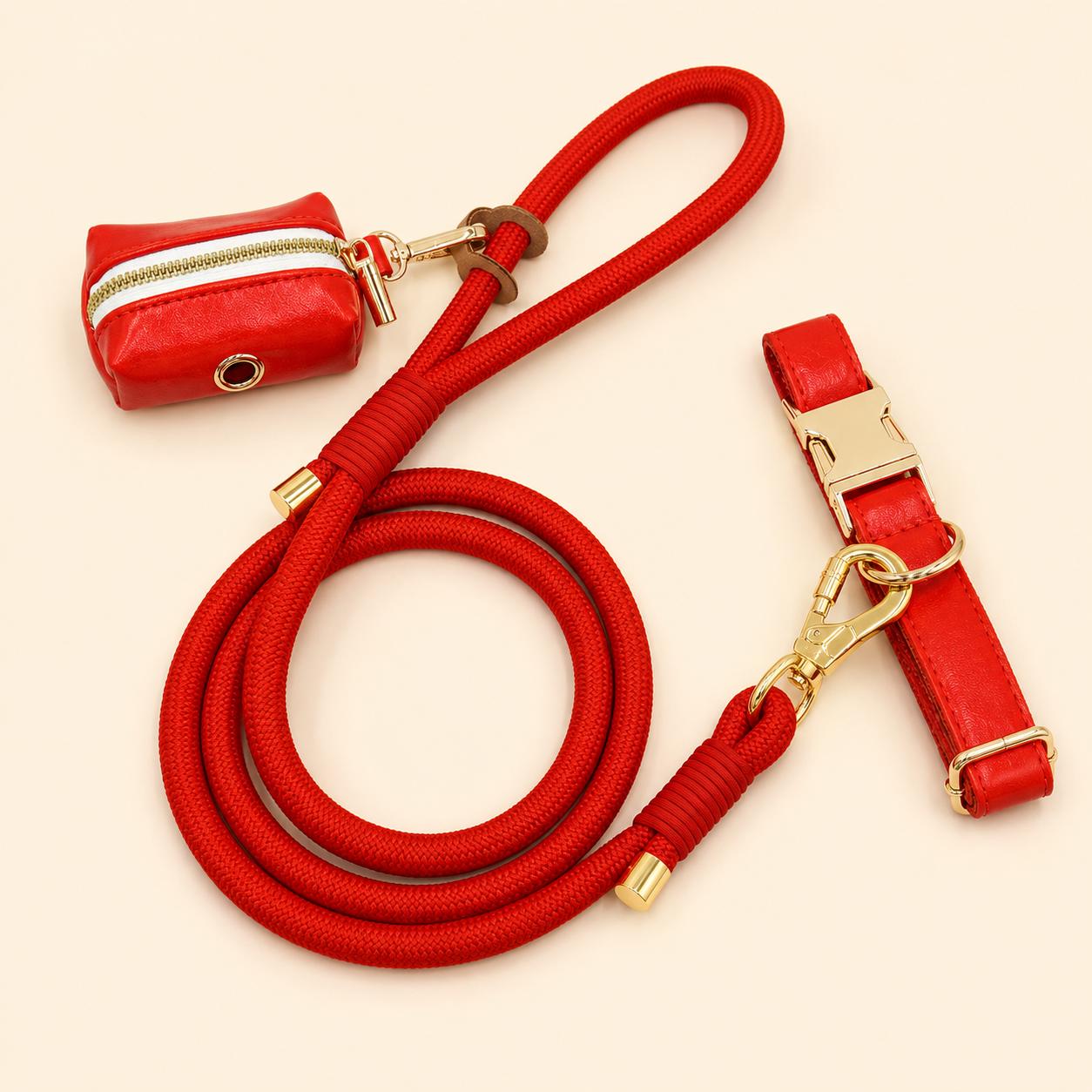 PU Leather Dog Collar, Custom AirTag Holder, Engraved Name, Rope Leash, Poop Bag, Dog Walking Set Gift, Black|Red|Green|Brown