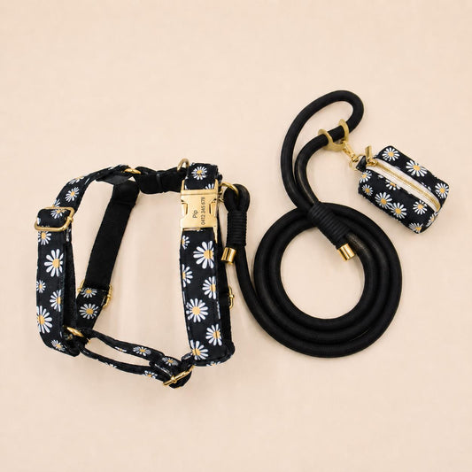 Personalized Black Daisy Dog Harness | Custom Name Collar Leash Bowtie Poop Bag | Mix & Match Walking Set | Floral Print XS-XL