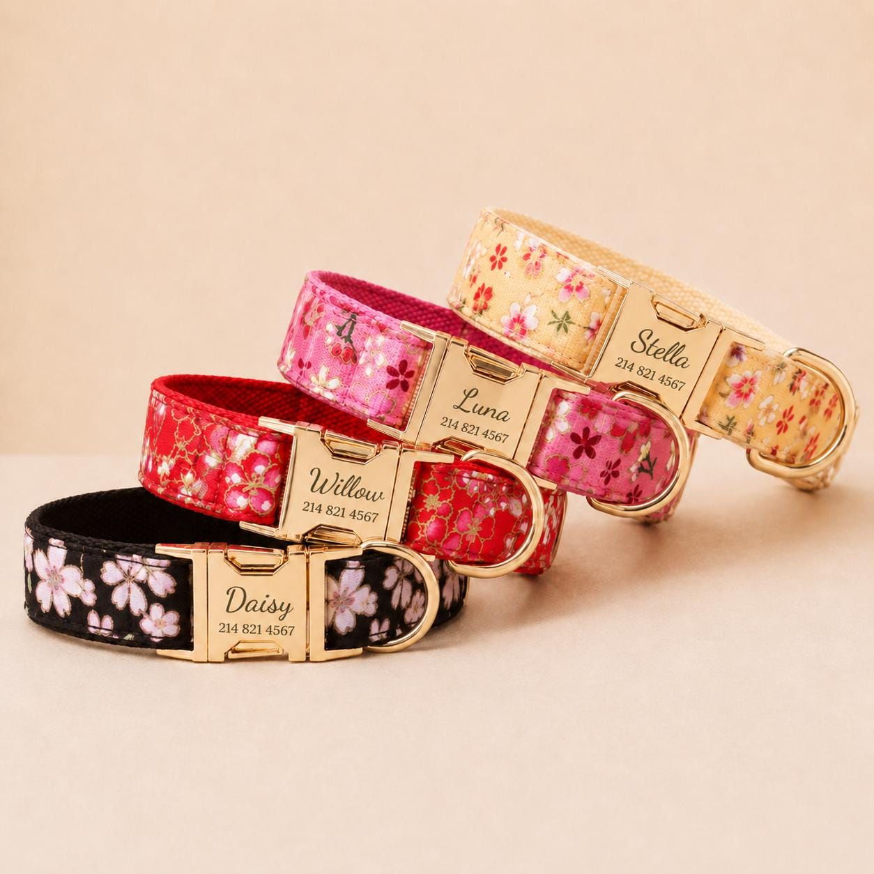 Personalized Dog Collar Engraved, Japanese Cherry Blossom Pet Collar with Leash & Bow Tie Set, Custom Floral Puppy Collar Gift