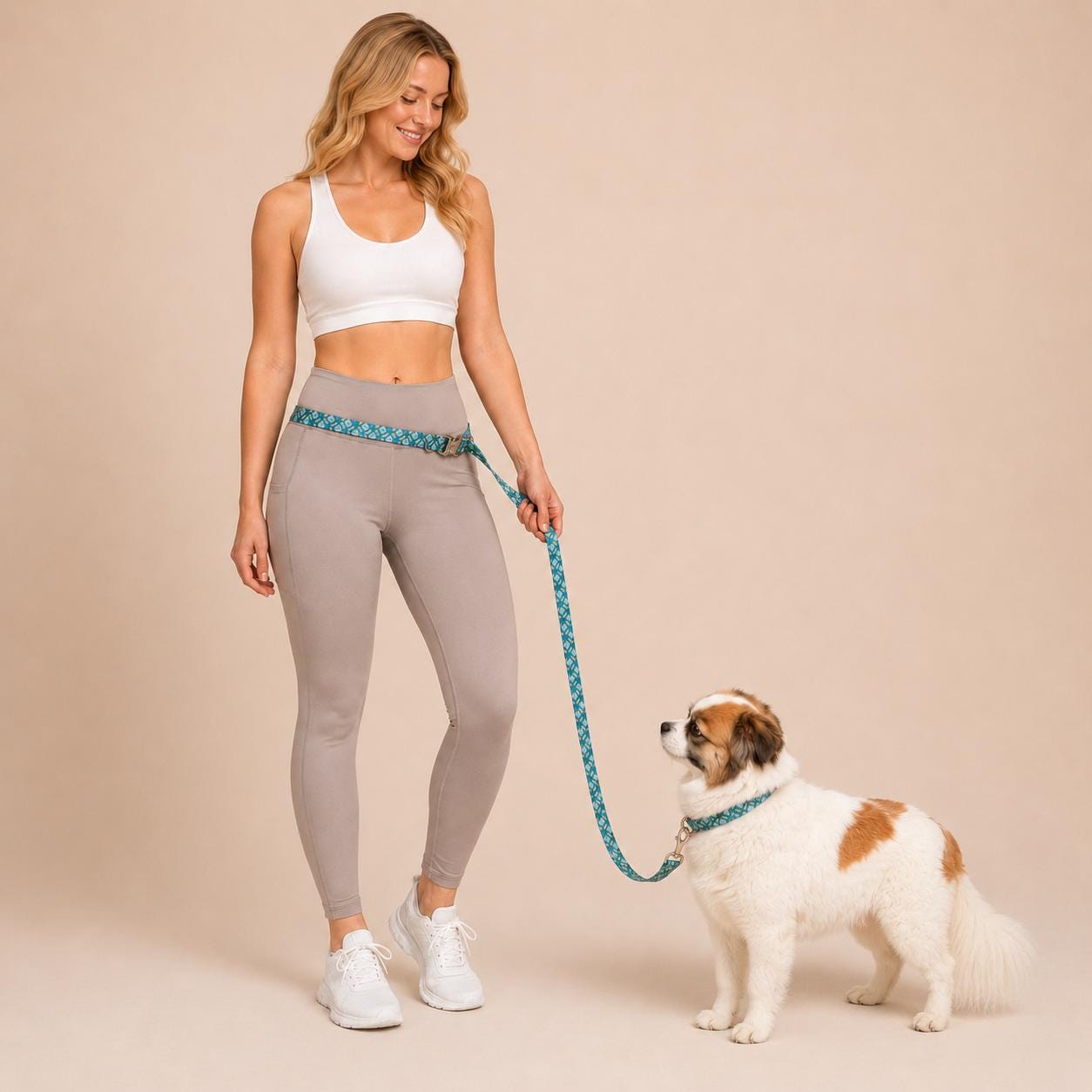 Hands Free Dog Leash and Matching Collar Set | Blue Geometric Pattern | Adjustable Waist Leash | Running Walking Leash | Gift for Dog Mom 1