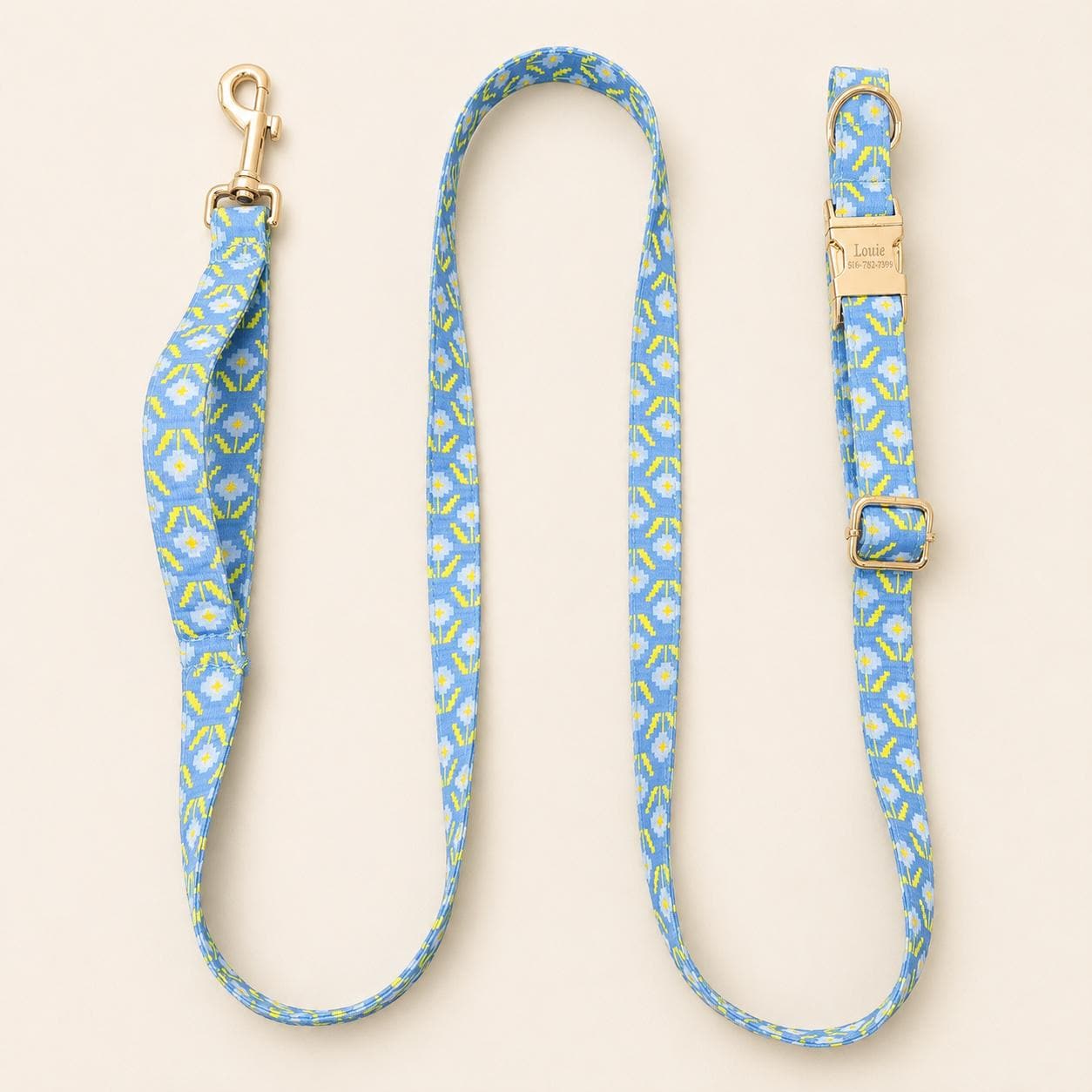Hands Free Dog Leash and Matching Collar Set | Blue Geometric Pattern | Adjustable Waist Leash | Running Walking Leash | Gift for Dog Mom 1