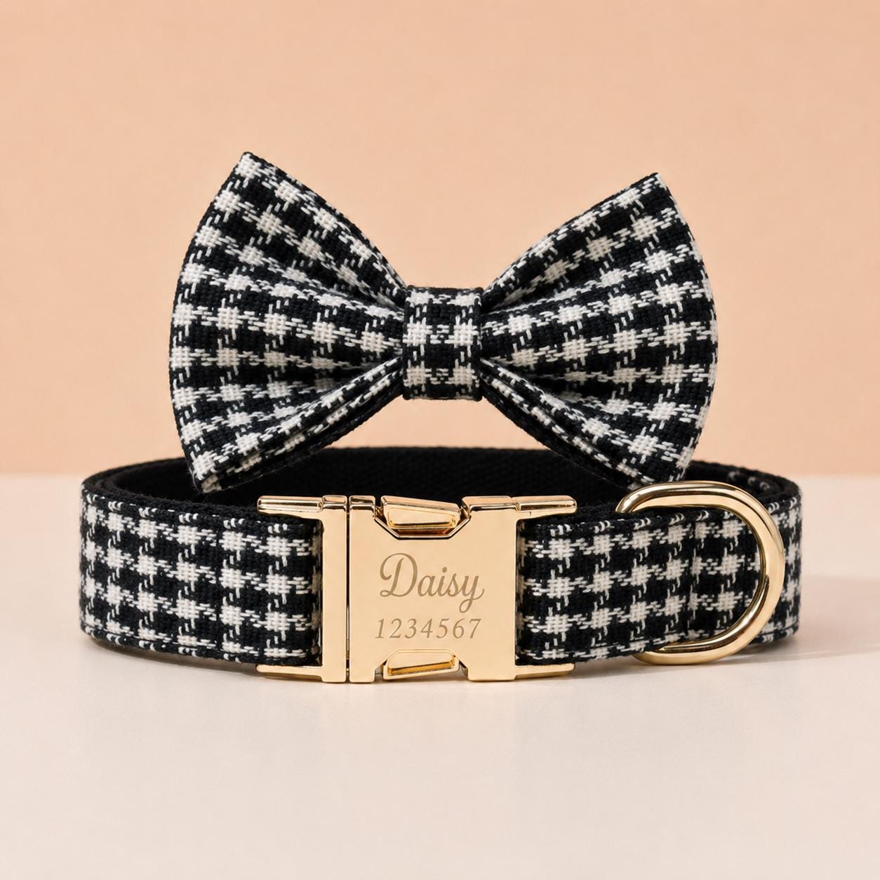 Personalized Houndstooth Dog Harness | Custom Name Collar Leash Bowtie Poop Bag | Mix & Match Walking Set | Check Print XS-XL