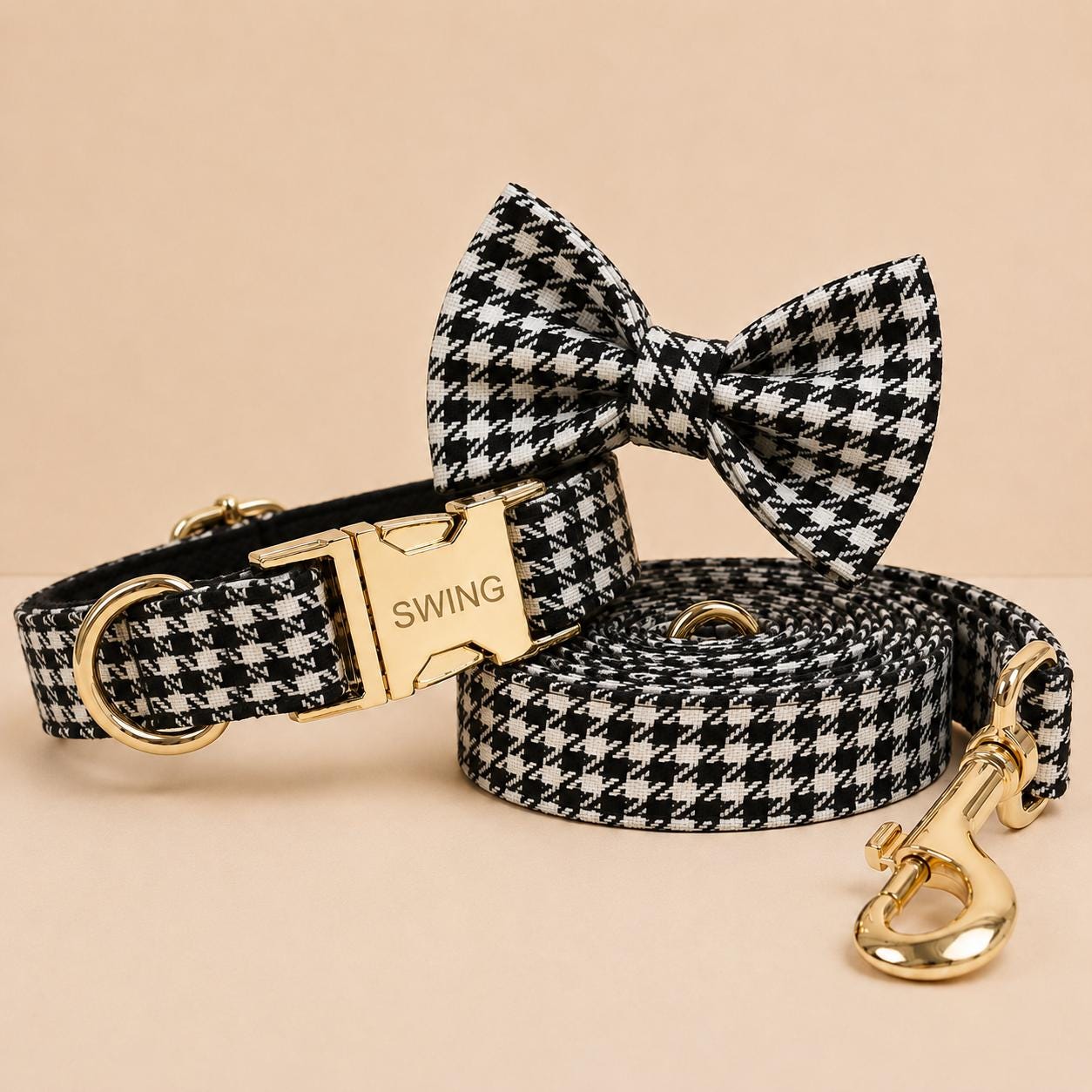 Personalized Houndstooth Dog Harness | Custom Name Collar Leash Bowtie Poop Bag | Mix & Match Walking Set | Check Print XS-XL